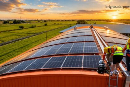 Professional solar installation on a rooftop with technicians installing high-efficiency solar panels.