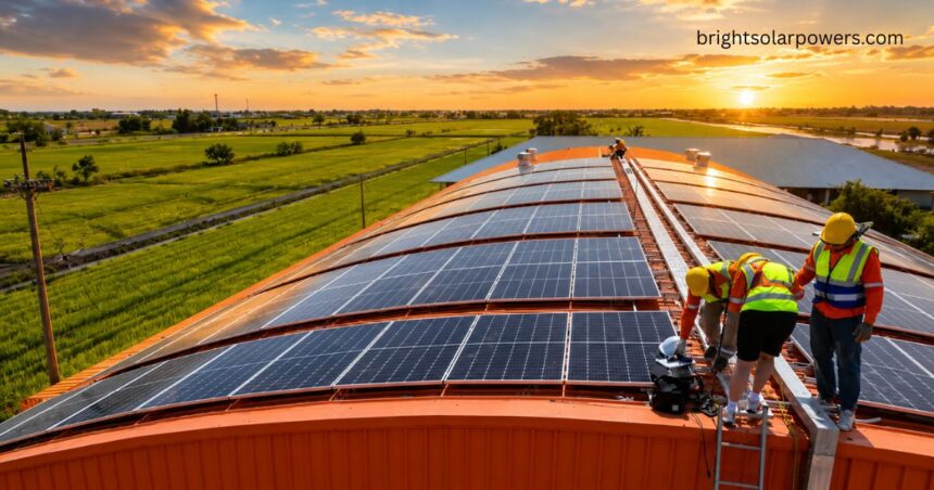 Professional solar installation on a rooftop with technicians installing high-efficiency solar panels.