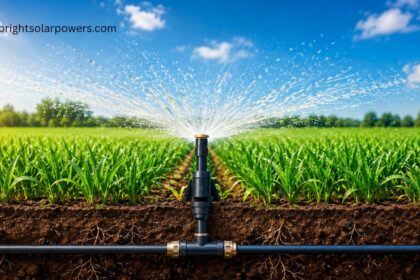 Solar irrigation system efficiently watering crops with sustainable renewable energy.