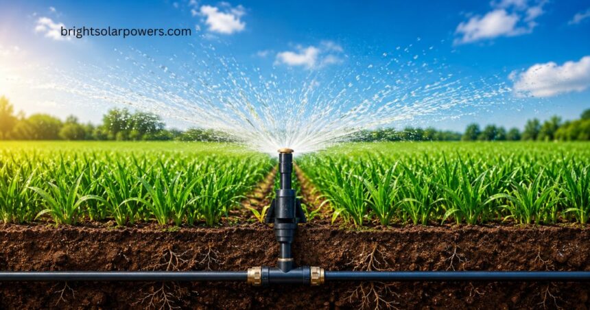 Solar irrigation system efficiently watering crops with sustainable renewable energy.