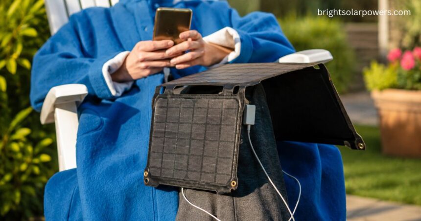 Solar mobile charger with portable foldable solar panel charging a smartphone outdoors.