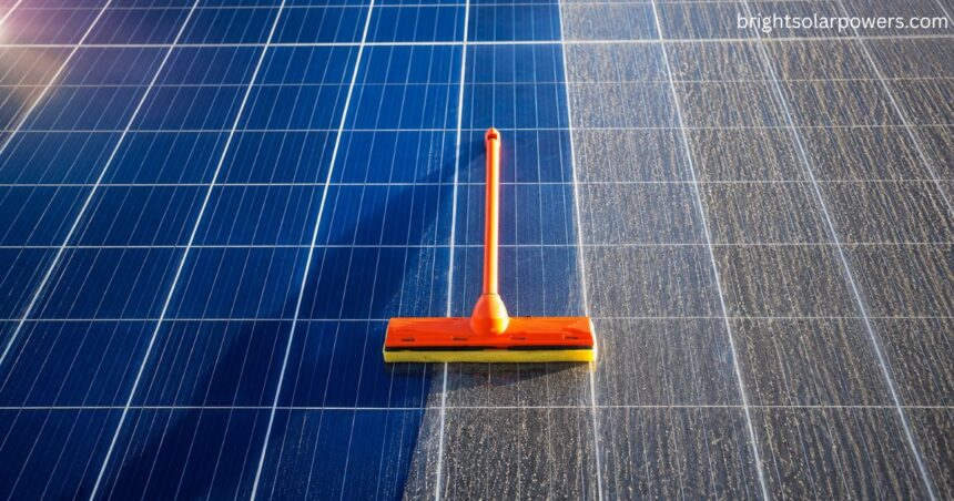 Solar panel cleaning with a professional squeegee removing dust to improve energy efficiency.
