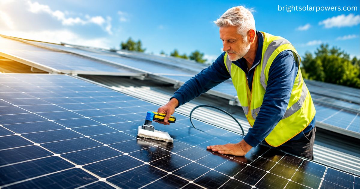 Technician performing solar panel cleaning to improve efficiency and maximize rooftop solar energy production.