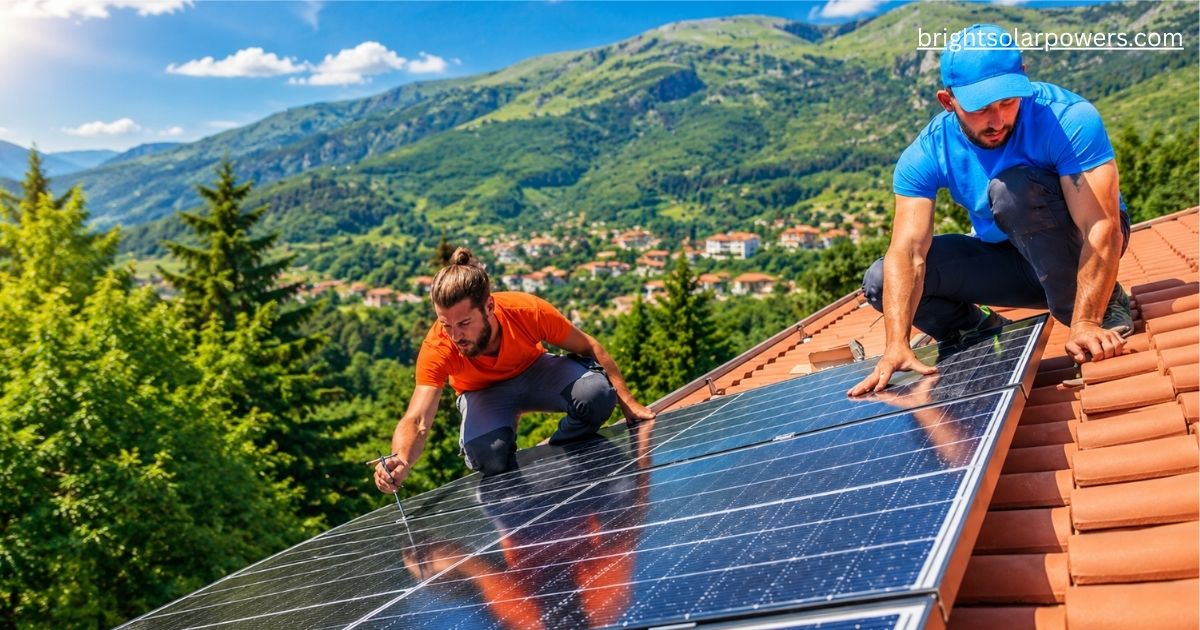 Solar panel setup for home with technicians installing rooftop solar panels for efficient residential solar energy system.