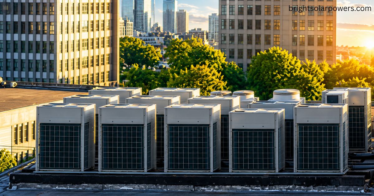 Commercial rooftop AC units powered by solar panels for energy-efficient cooling and reduced electricity costs.