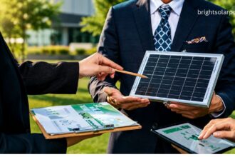 Experts discussing solar plant price with a high-efficiency solar panel.