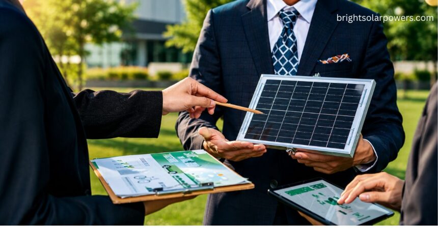 Experts discussing solar plant price with a high-efficiency solar panel.