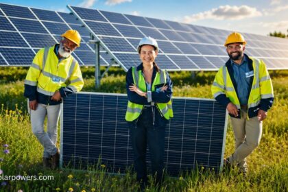 Solar power grid with technicians standing beside high-efficiency solar panels at a solar farm.