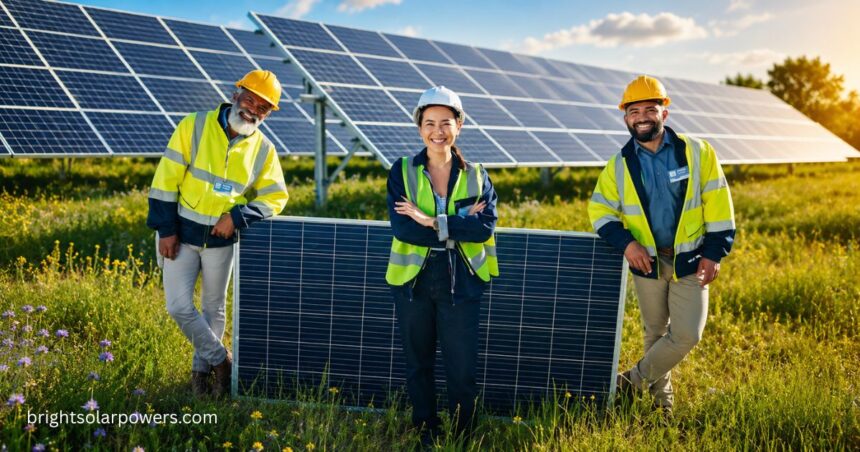 Solar power grid with technicians standing beside high-efficiency solar panels at a solar farm.