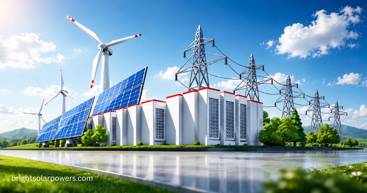 Solar power grid integrating solar panels, wind turbines, and transmission lines for clean energy.