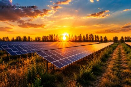 Solar power plant in Gujarat at sunset with large solar panel arrays.