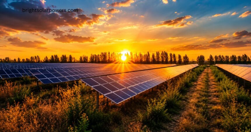 Solar power plant in Gujarat at sunset with large solar panel arrays.