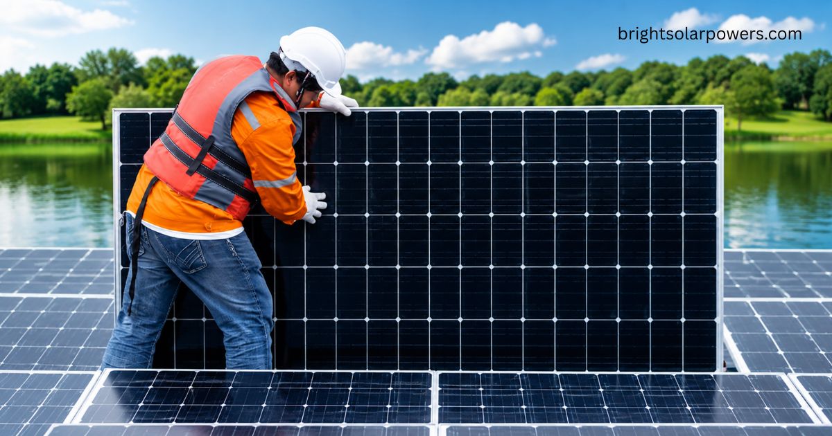 Technician installing a high-efficiency solar PV module for renewable energy.