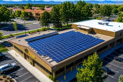Solar shop near me featuring a commercial building with rooftop solar panels for clean energy solutions.