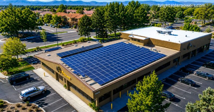 Solar shop near me featuring a commercial building with rooftop solar panels for clean energy solutions.