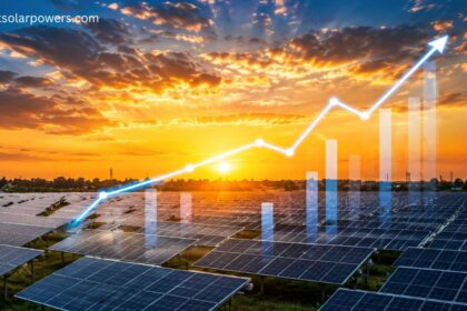 Solar stocks performance with large solar power plant and rising market growth chart at sunset.