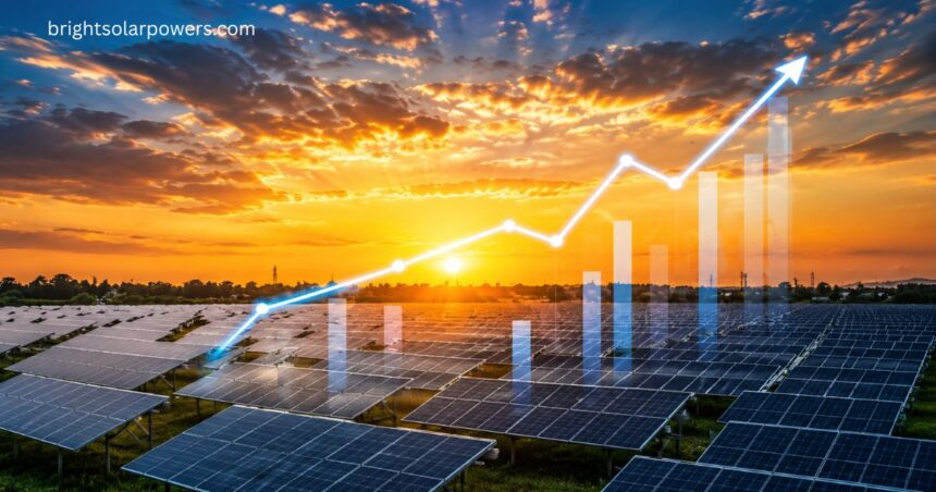 Solar stocks performance with large solar power plant and rising market growth chart at sunset.