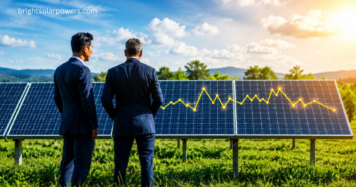 Solar stocks growth analysis with investors reviewing solar power plant performance and market trends.