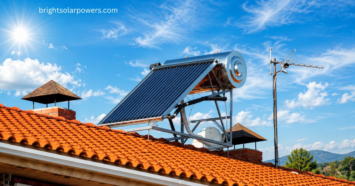 Solar system for home with rooftop solar water heater for energy-efficient hot water.