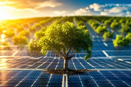 Solar tree concept promoting clean energy and sustainable green power generation.