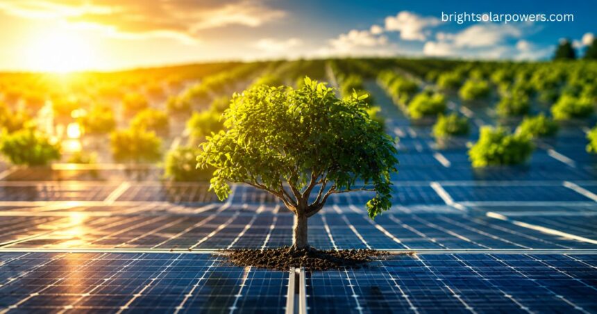 Solar tree concept promoting clean energy and sustainable green power generation.