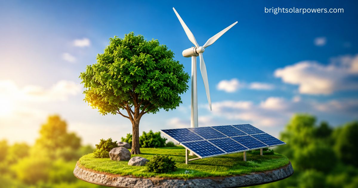 Solar tree with solar panels and wind turbine for sustainable renewable energy generation.