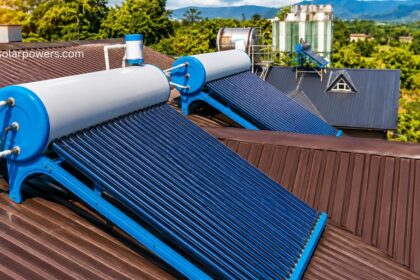 Solar water heating system with rooftop evacuated tube solar water heater.