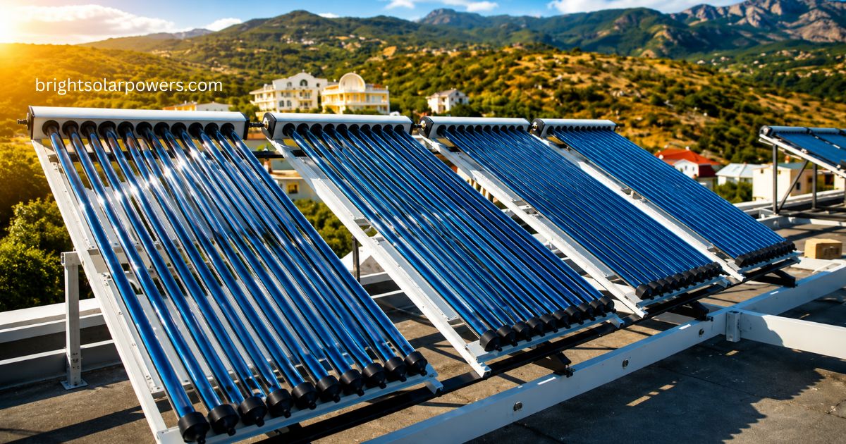 Solar water heating system with evacuated tube collectors installed on a residential rooftop for efficient hot water production.