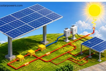 Solar wiring diagram showing solar panels, DC to AC inverter, and electrical connections.