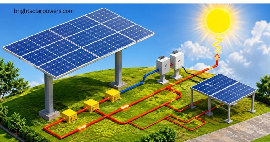 Solar wiring diagram showing solar panels, DC to AC inverter, and electrical connections.