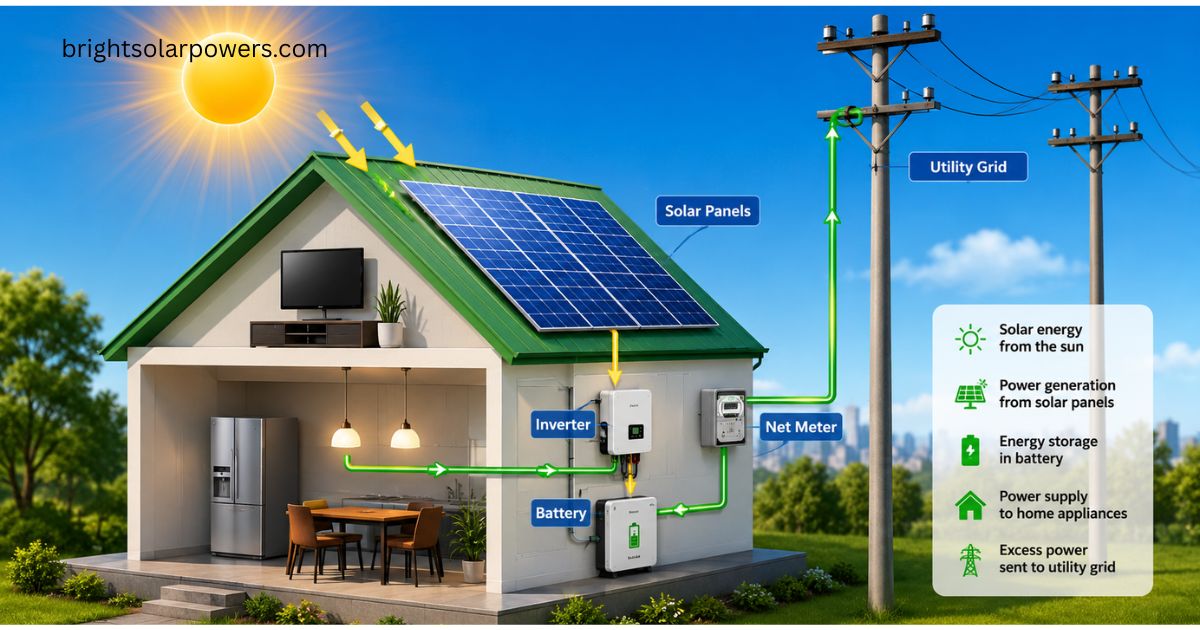 Solar wiring diagram illustrating rooftop solar panels, inverter, battery, net meter, and grid connection.