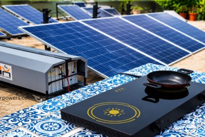 Surya Nutan Chulha solar cooking system with rooftop solar panels for clean and efficient cooking.