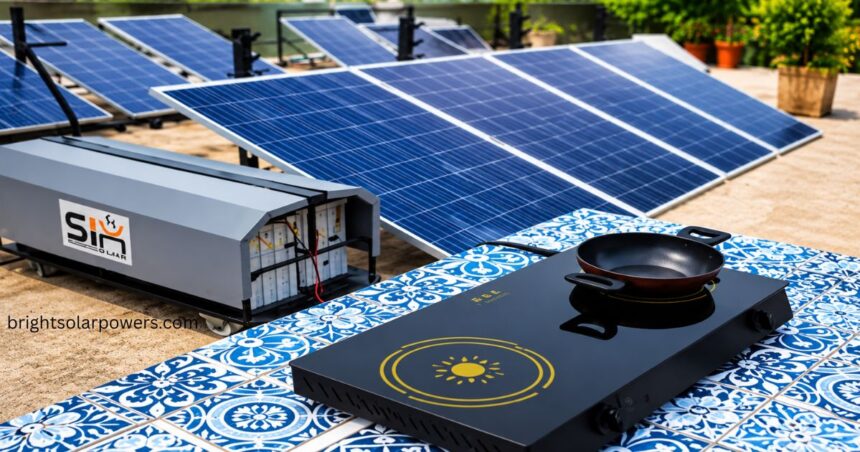 Surya Nutan Chulha solar cooking system with rooftop solar panels for clean and efficient cooking.