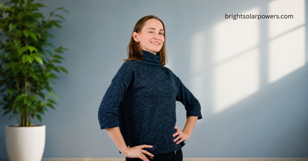 Woman wearing a stylish high neck sweater.