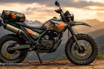 Apache 125 cc motorcycle parked against a mountain landscape.