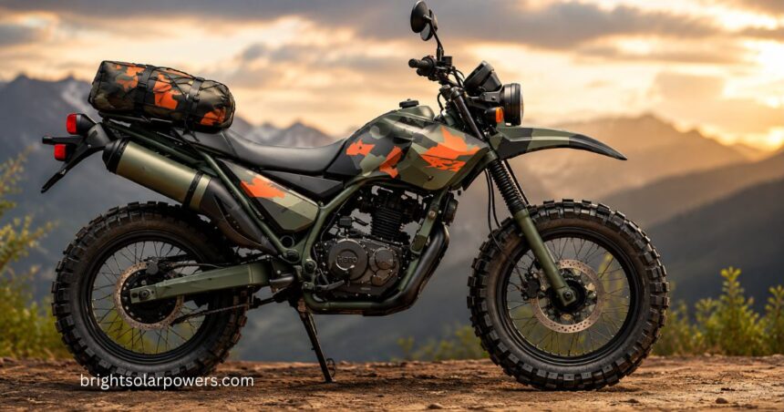 Apache 125 cc motorcycle parked against a mountain landscape.