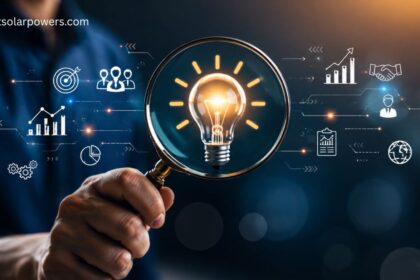 Magnifying glass highlighting a glowing light bulb to represent better insight, innovation, smart analysis, and strategic business decision-making.