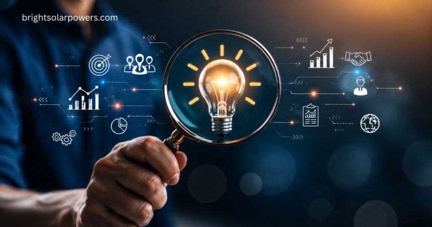 Magnifying glass highlighting a glowing light bulb to represent better insight, innovation, smart analysis, and strategic business decision-making.