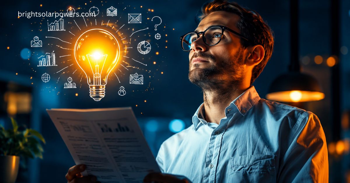 Professional analyzing reports with a glowing light bulb, symbolizing better insight, business intelligence, innovation, and data-driven decision-making.