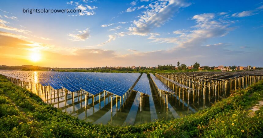 Charanka Solar Park Gujarat with large-scale solar panels generating clean renewable energy under a bright sunset sky.