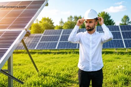 Engineer inspecting solar panels to explain disadvantages of solar energy.