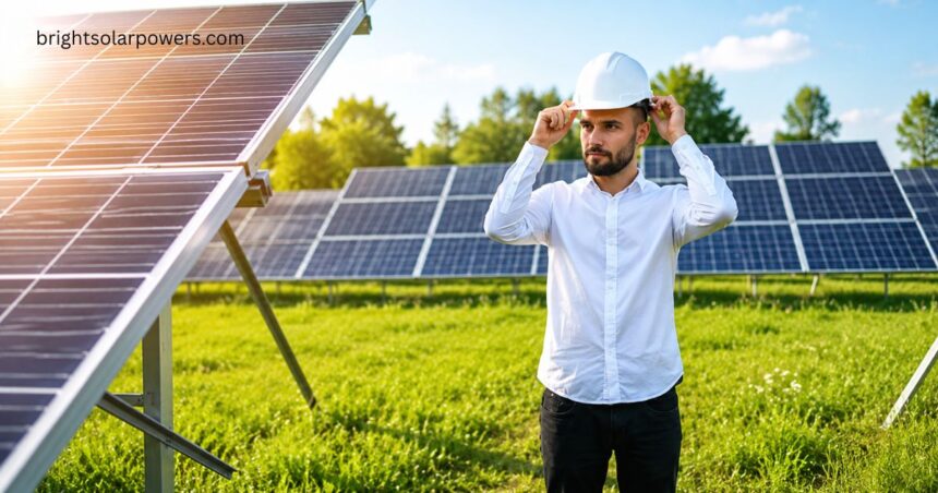Engineer inspecting solar panels to explain disadvantages of solar energy.