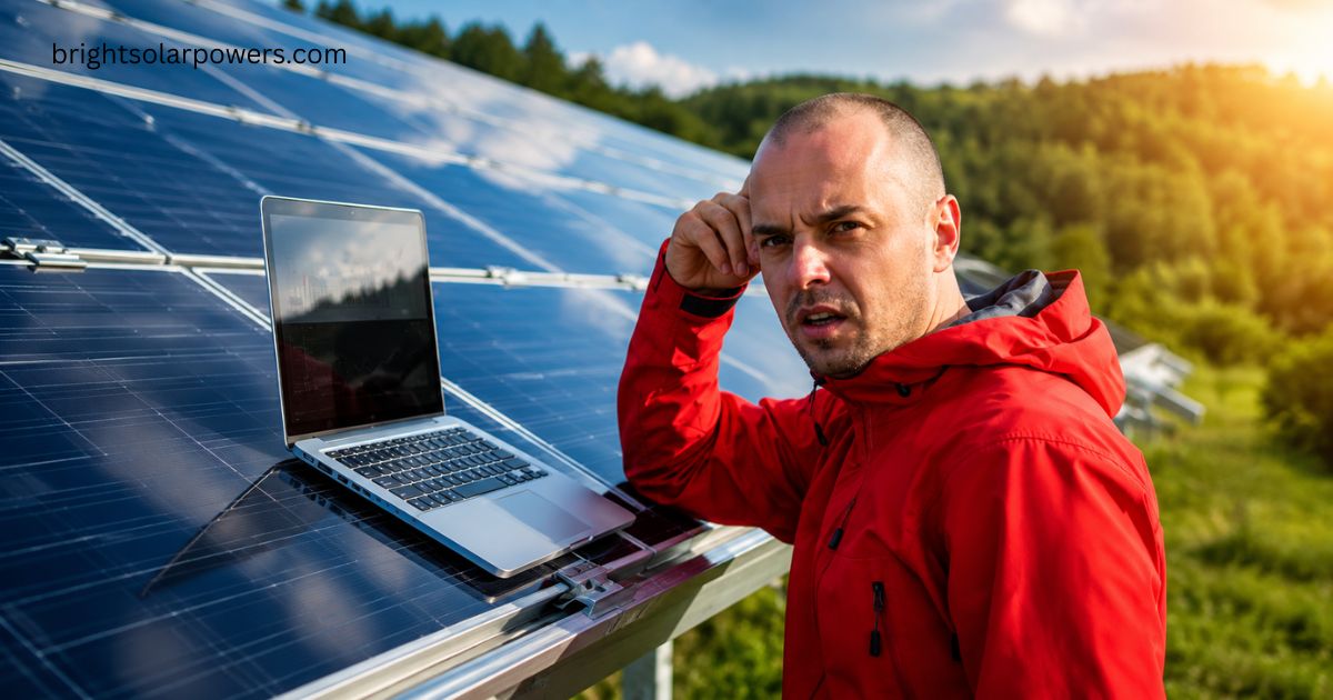 Technician inspecting solar panels highlighting disadvantages of solar energy and system maintenance.