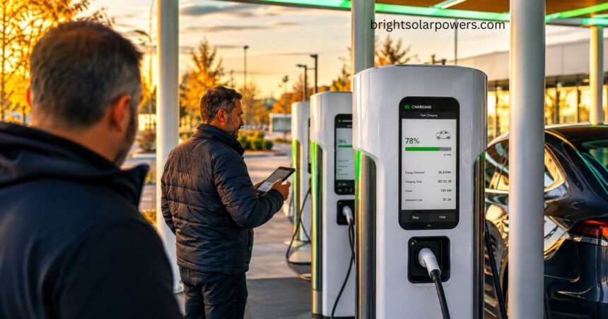 Electric vehicle charging station showing EV charging stations cost and fast charging process.