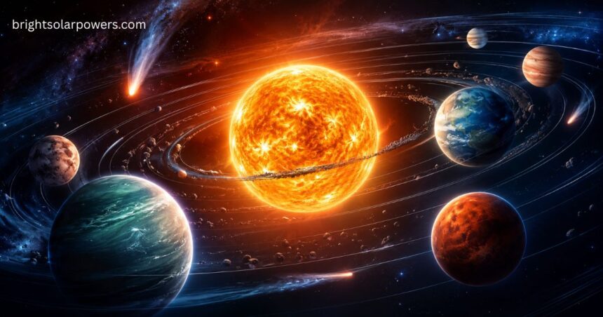 Good solar system illustration showing the Sun, planets, and their orbital paths.