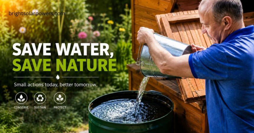 Man collecting rainwater in a barrel, demonstrating how to reuse water for sustainable gardening and water conservation.