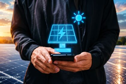 Smart solar system with solar panels and smartphone monitoring.