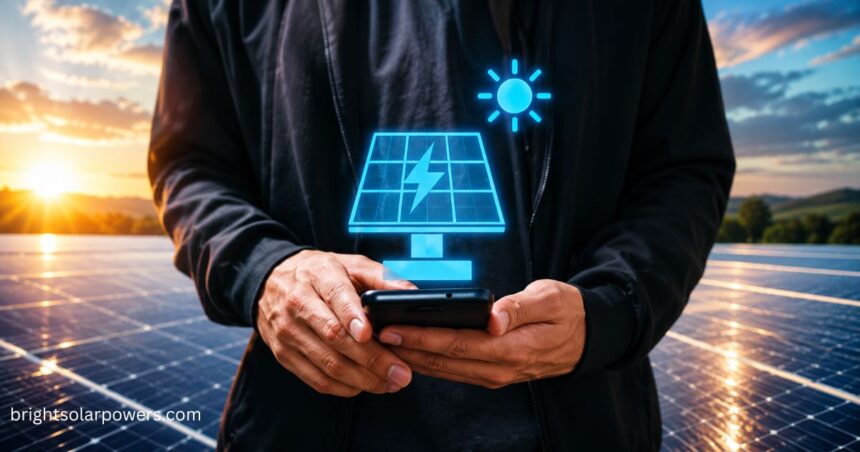 Smart solar system with solar panels and smartphone monitoring.
