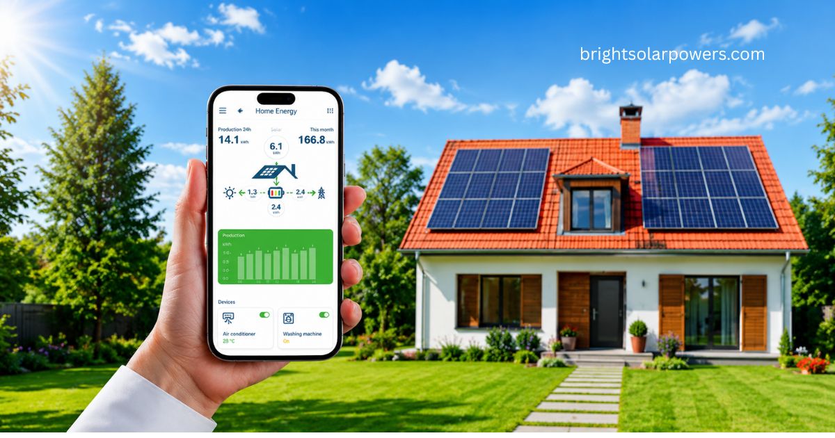 Smart solar system with rooftop panels and smartphone energy monitoring.