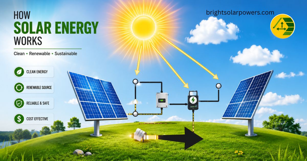 Solar energy is renewable, shown by solar panels converting sunlight into clean electricity.